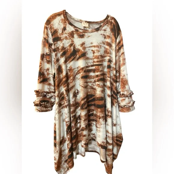 Brown and Tan Asymmetrical Cuffed Sleeve Tunic - Picture 1 of 6